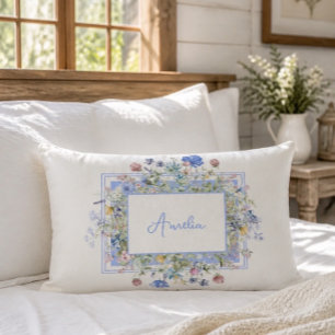 Customized Name Blue Floral Wildflower Lumbar Pillow