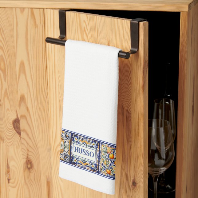 Customized Name Blue & Yellow Mediterranean Tile Kitchen Towel (Thirds Fold)