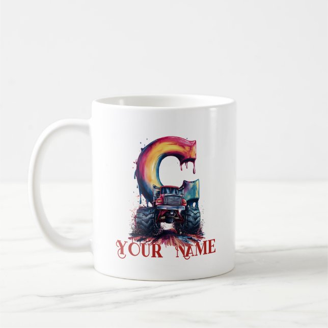  Customized Name 'C' Mud Splatter Monstrous Truck Coffee Mug (Left)