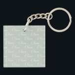 Customized Name Green White Script Keychain<br><div class="desc">Cute sage green keychain. Great for a gift.</div>