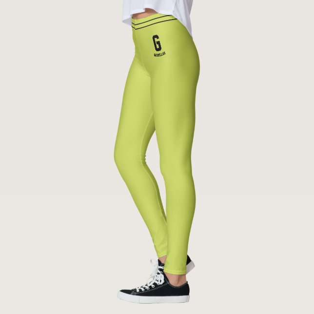 Customized Name Lime Green Black Striped Monogram Leggings (Left)