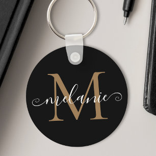 Customized Name Monogram Pretty Chic Script Black Keychain