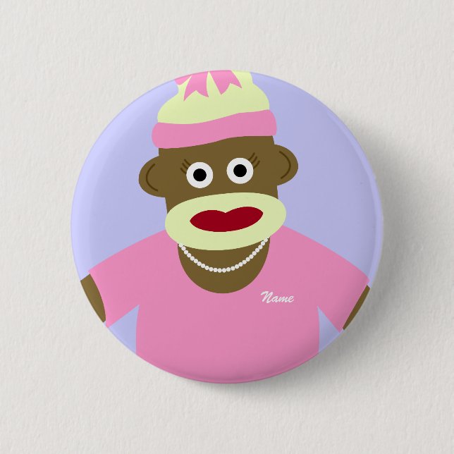 Customized Name or Monogram Sock Monkey Girl 2 Inch Round Button (Front)