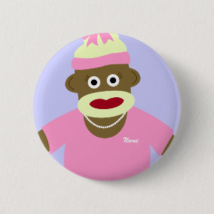 Customized Name or Monogram Sock Monkey Girl 2 Inch Round Button
