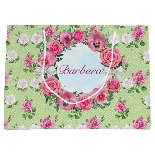Customized Name Pink And White Roses Large Gift Bag