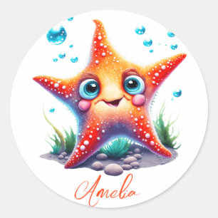 Customized Name Smiling Orange Starfish Lover Gift Classic Round Sticker