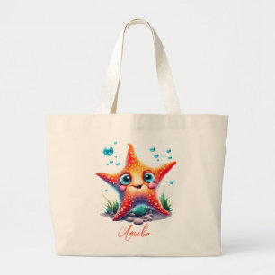 Customized Name Smiling Orange Starfish Lover Gift Large Tote Bag