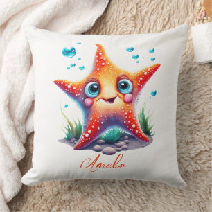 Customized Name Smiling Orange Starfish Lover Gift Throw Pillow