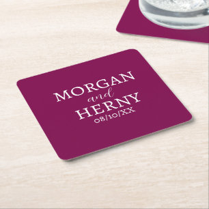 CUSTOMIZED NAME STYLISH MODERN DARK WINE WEDDING  SQUARE PAPER COASTER