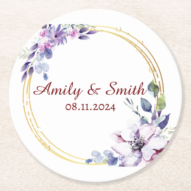 Customized Name Stylish Modern Elegant Wedding . Round Paper Coaster (Front)