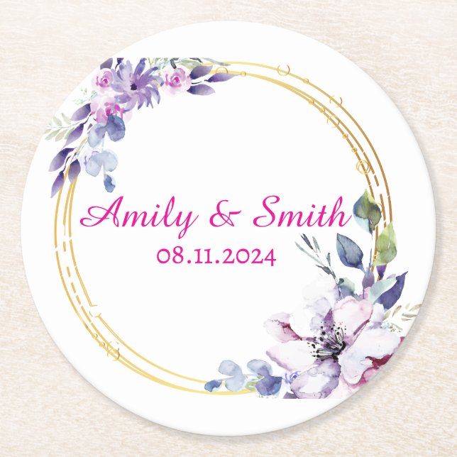 Customized Name Stylish Modern Elegant Wedding . Round Paper Coaster (Front)