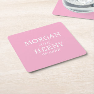 CUSTOMIZED NAME STYLISH MODERN PINK WEDDING  SQUARE PAPER COASTER