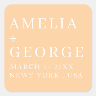 CUSTOMIZED NAME STYLISH MODERN WEDDING PEACH COLOR SQUARE STICKER