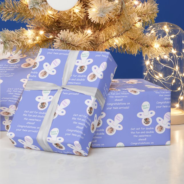 Customized Name Text and Photo Twin Baby Pacifiers Wrapping Paper (Holidays)