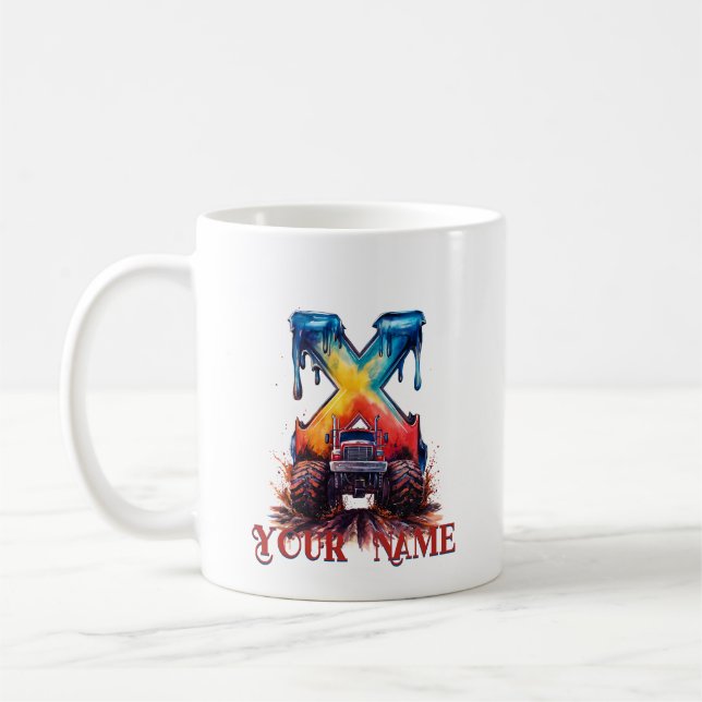  Customized Name 'X' Mud Splatter Monstrous Truck Coffee Mug (Left)