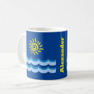 Customized Name Yellow Sun Blue Waves Coffee Mug