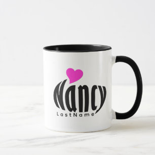 Customized "Nancy" in Black and White, Pink Hearts Mug