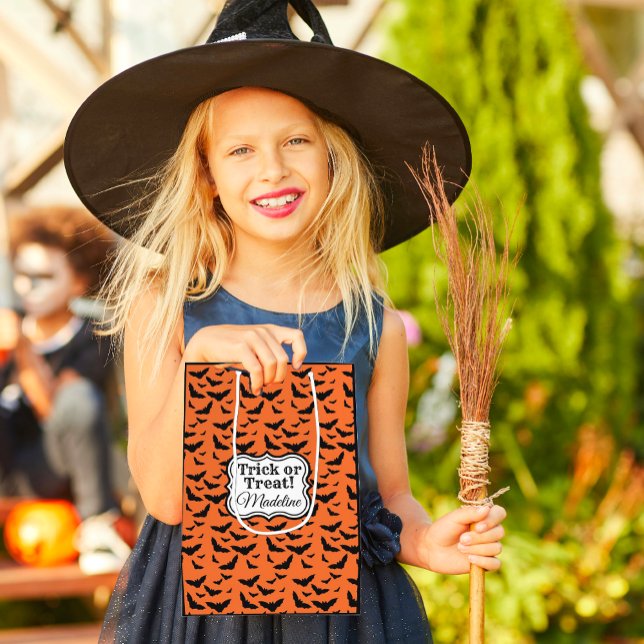 Customized Orange and Black Halloween Bats Medium Gift Bag (Trick or treat bags with cute black bats on orange background are personalized with someone's name!)
