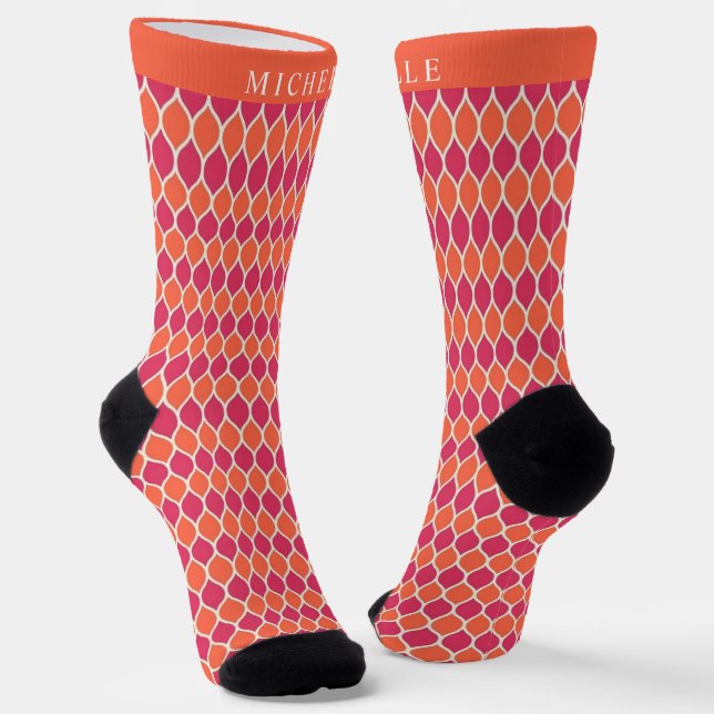 Customized Orange Pink White Geometric Pattern Socks (Angled)