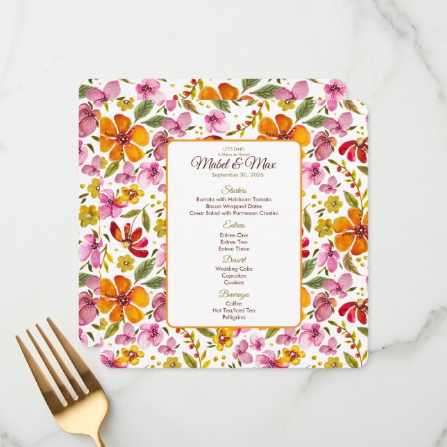 Customized Party Menu Pink Orange Red Floral (Front/Back In Situ)