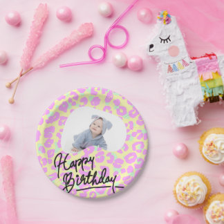 customized Pastel Leopard Print Happy Birthday Paper Plate