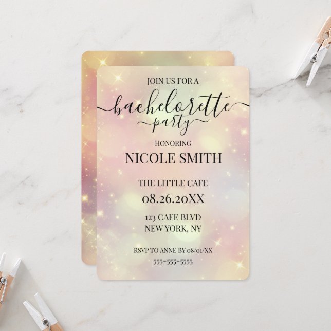 Customized Peach Sparkle Bokeh Bachelorette Party Invitation (Front/Back In Situ)