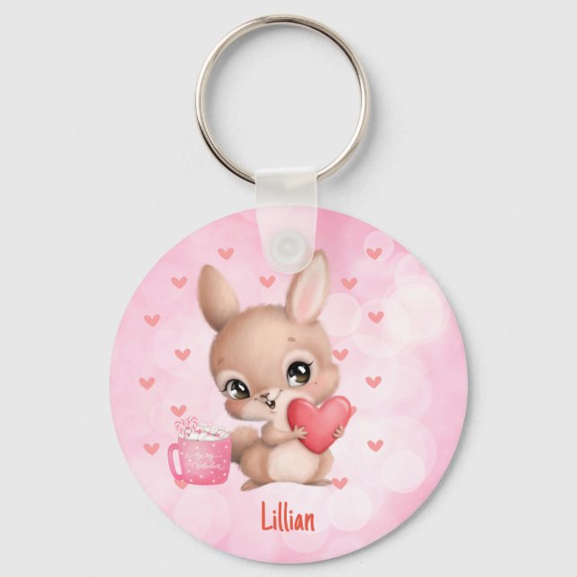 Customized Personalized Cute Rabbit Pink Love Keychain (Front)
