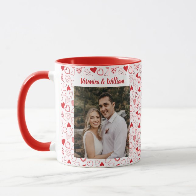 Customized photo and names heart patterned  mug (Left)