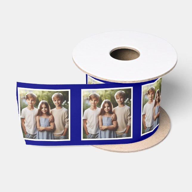 Customized Photo Ribbon White Navy Blue Kids Satin Ribbon (Spool)