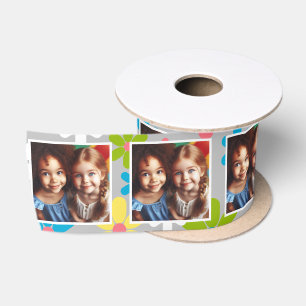 Customized Photo Ribbon White Silver Spring Floral Satin Ribbon