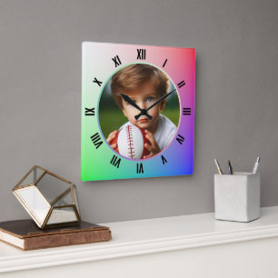 Customized Photo, Roman Numerals on Pastel Rainbow Square Wall Clock