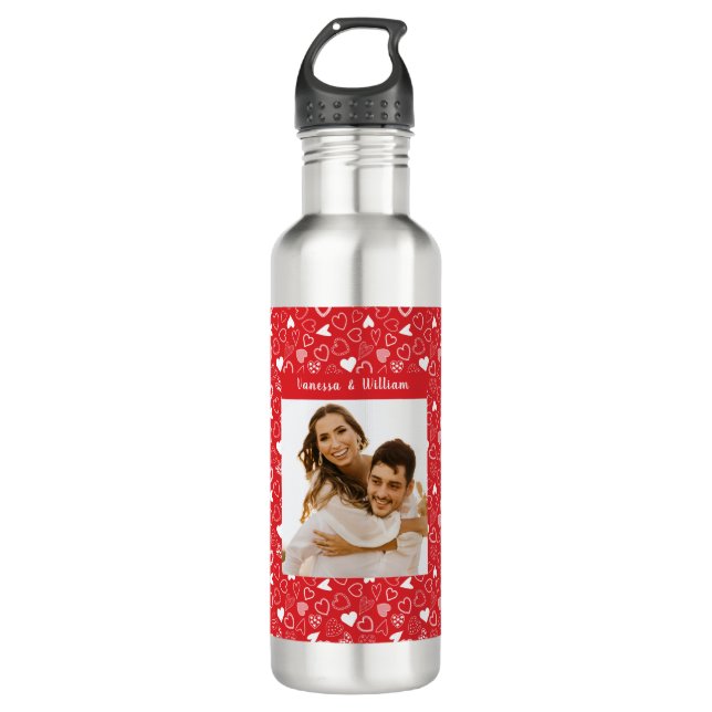 Customized photo romantic red heart patterned stai 710 ml water bottle (Front)