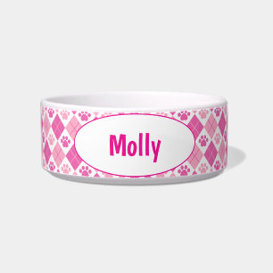 Customized Pink Argyle Paw Print Bowl
