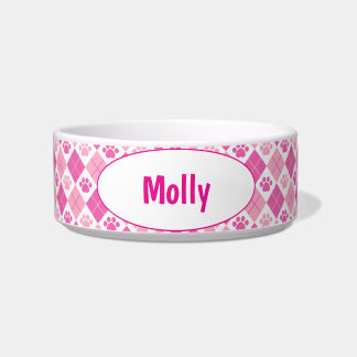 Customized Pink Argyle Paw Print Bowl