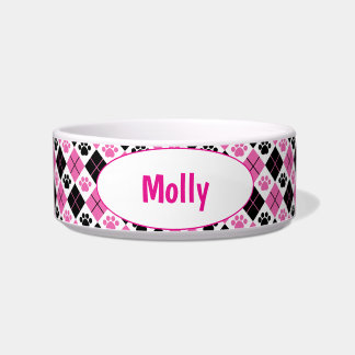 Customized Pink & Black Argyle Paw Print Bowl