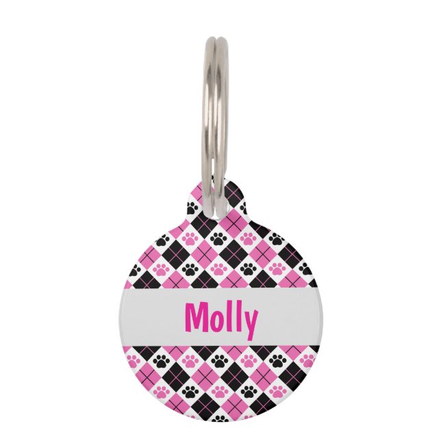 Customized Pink & Black Argyle Paw Print Pet Tag (Front)