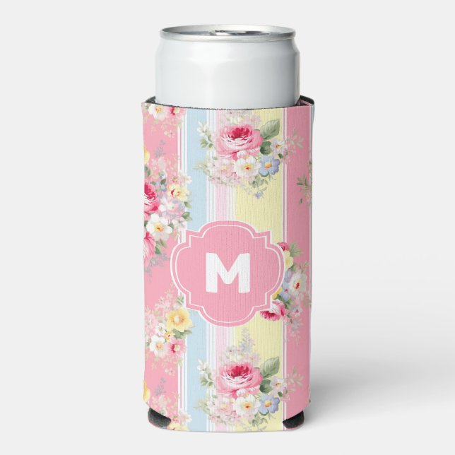 Customized Pink Floral Striped Seltzer Can Cooler (Seltzer Front)