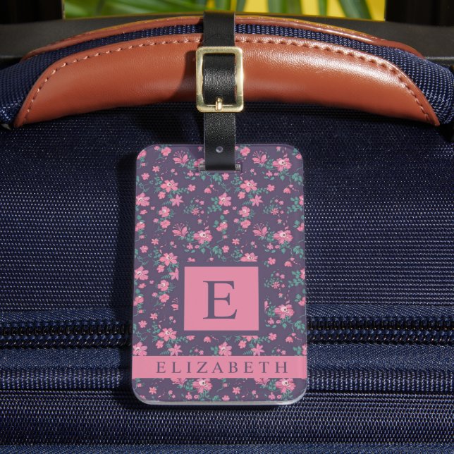 Customized Pink Flowers Purple Floral Luggage Tag (Front Insitu 2)
