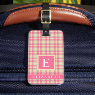 Customized Pink Peach Green Chequered Pattern Luggage Tag
