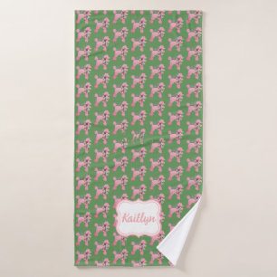 Customized Pink Poodle on Green Bath Towel