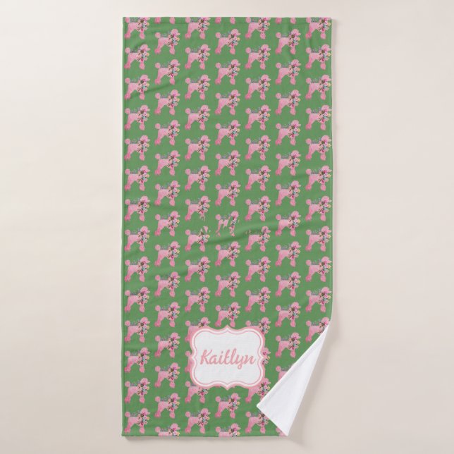 Customized Pink Poodle on Green  Bath Towel (Bath Towel)