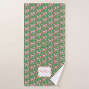 Customized Pink Poodle on Green  Bath Towel