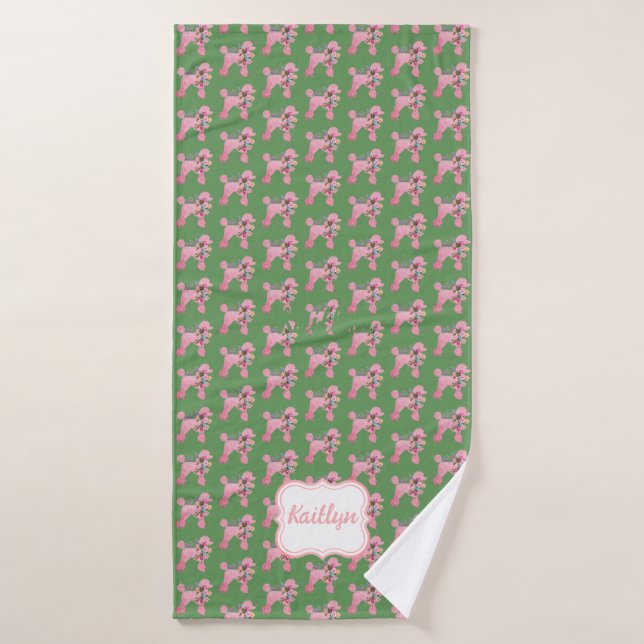 Customized Pink Poodle on Green  Bath Towel (Bath Towel)