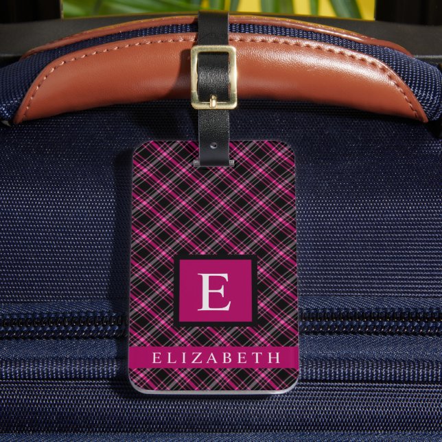 Customized Pink Purple Black Chequered Pattern Luggage Tag (Front Insitu 2)