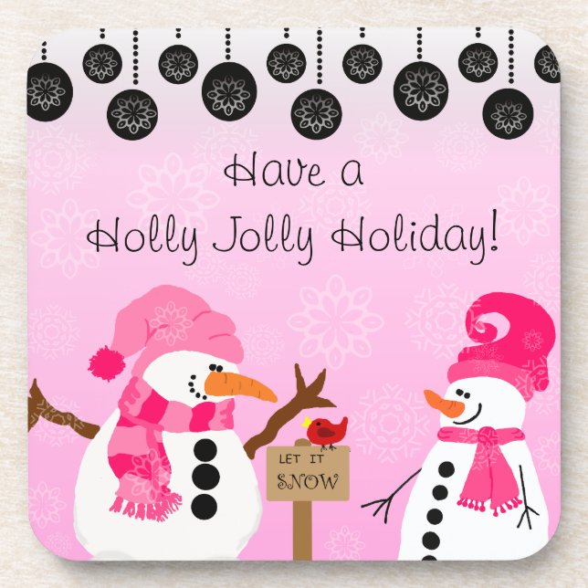 Customized Pink Snowmen Coasters (Front)