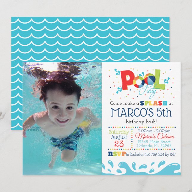 Customized Pool Party Birthday Party Invitation (Front/Back)