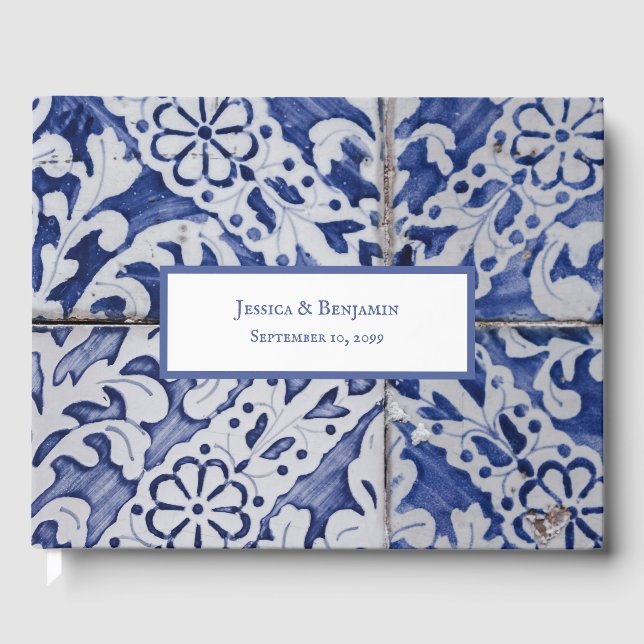 Customized Portuguese Tiles Azulejo Floral Wedding Guest Book (Front)