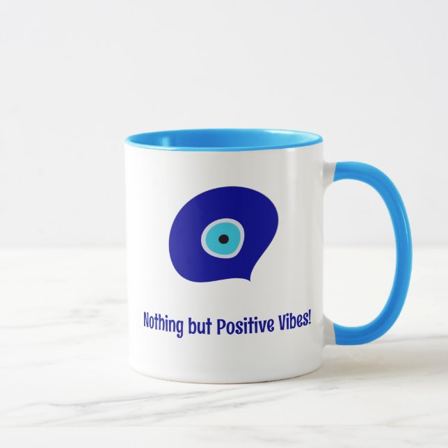 Customized Positive Vibes, Blue Evil Eye Tear Drop Mug (Right)