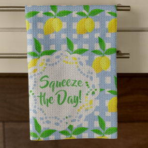 Customized Preppy Yellow Lemons Blue White Check Kitchen Towel