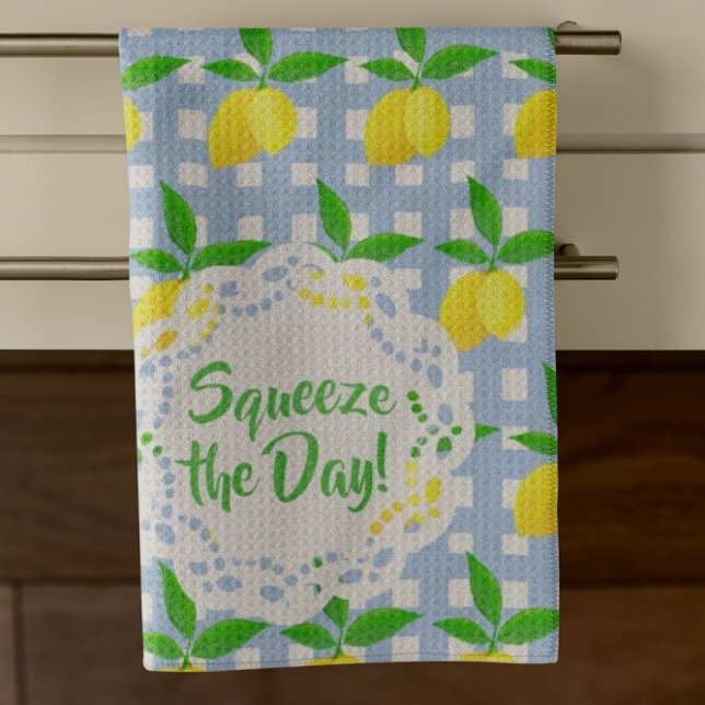 Customized Preppy Yellow Lemons Blue White Check Kitchen Towel (Start your day off right!)